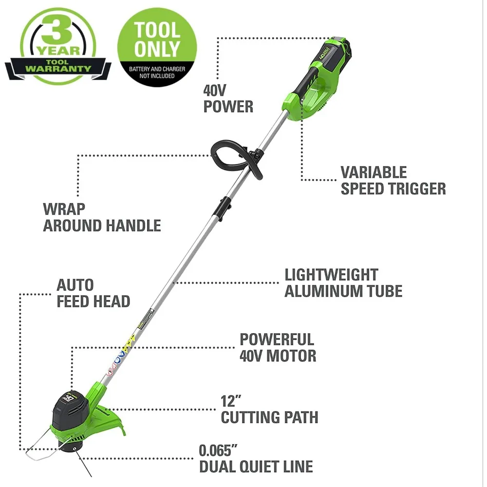 Greenworks 40V 12-Inch Cordless String Trimmer, Battery and Charger Not Included, BST4000