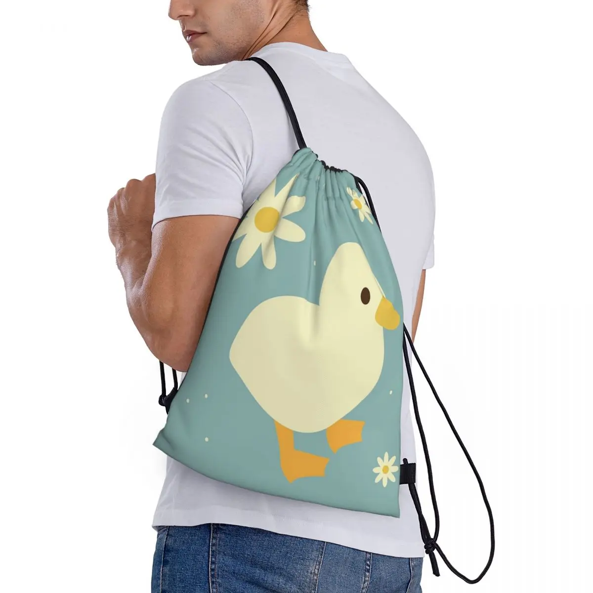

Cute Duckand Duck Flower Cartoon Pattern Backpacks Portable Drawstring Bundle Pocket Sundries Bag Book Bags for Man Woman School