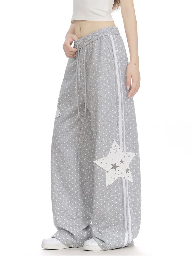American Stars Print Sweatpants Women Loose Preppy Style Vintage Gray Pant Spring Summer High Waist Retro Bf Lace Up Trousers