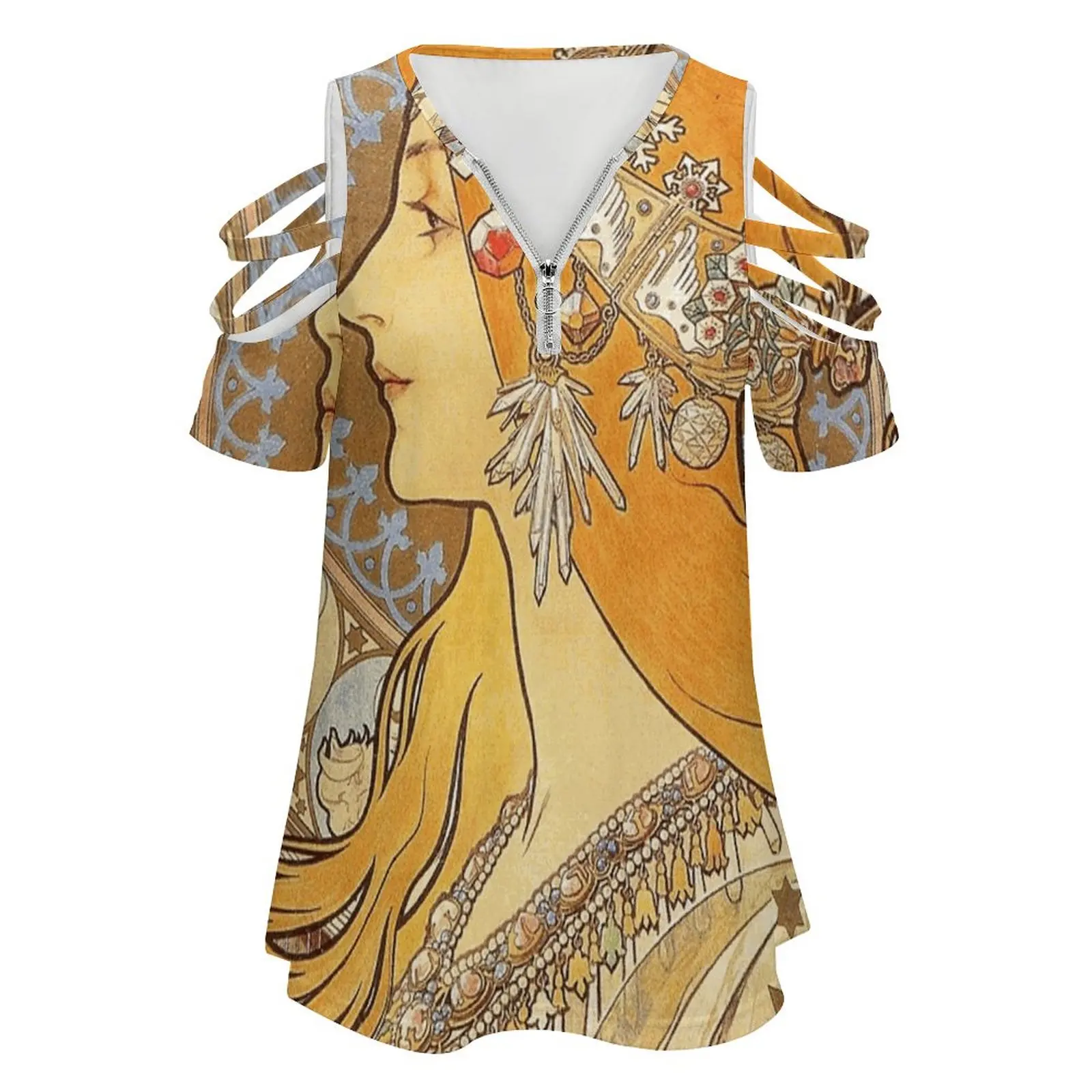 Alphonse Mucha Zodiac Art Nouveau Woman Women'S T-Shirt Summer Fashion Print Floral V-Neck Zipper Tshirt Hollow Pullover Ladies