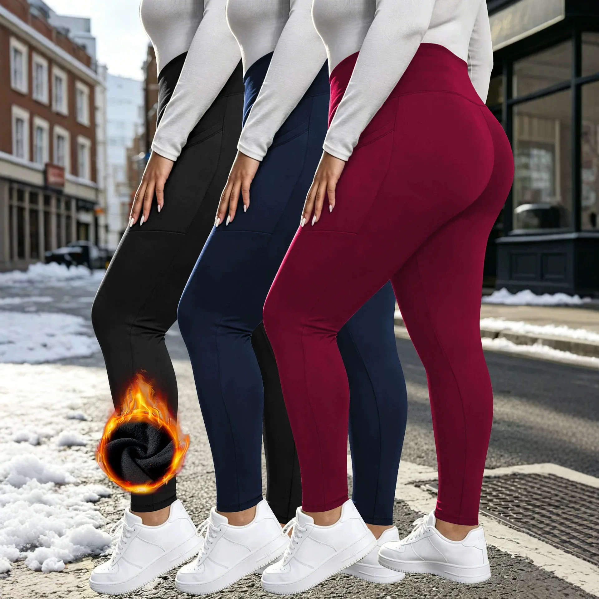 Women Plus Size High Waist Fleece Lined Leggings with Pockets Winter Thermal Yoga Workout Leggings Multipack