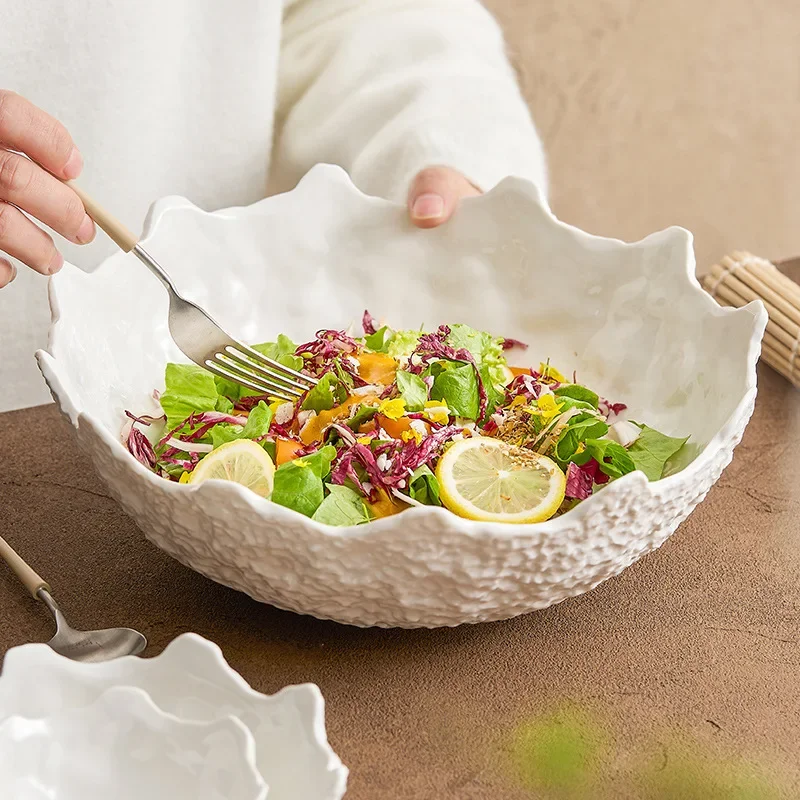 Rock pattern lace bowl household special good-looking fruit salad bowl hotel special-shaped tableware ceramic large soup bowl