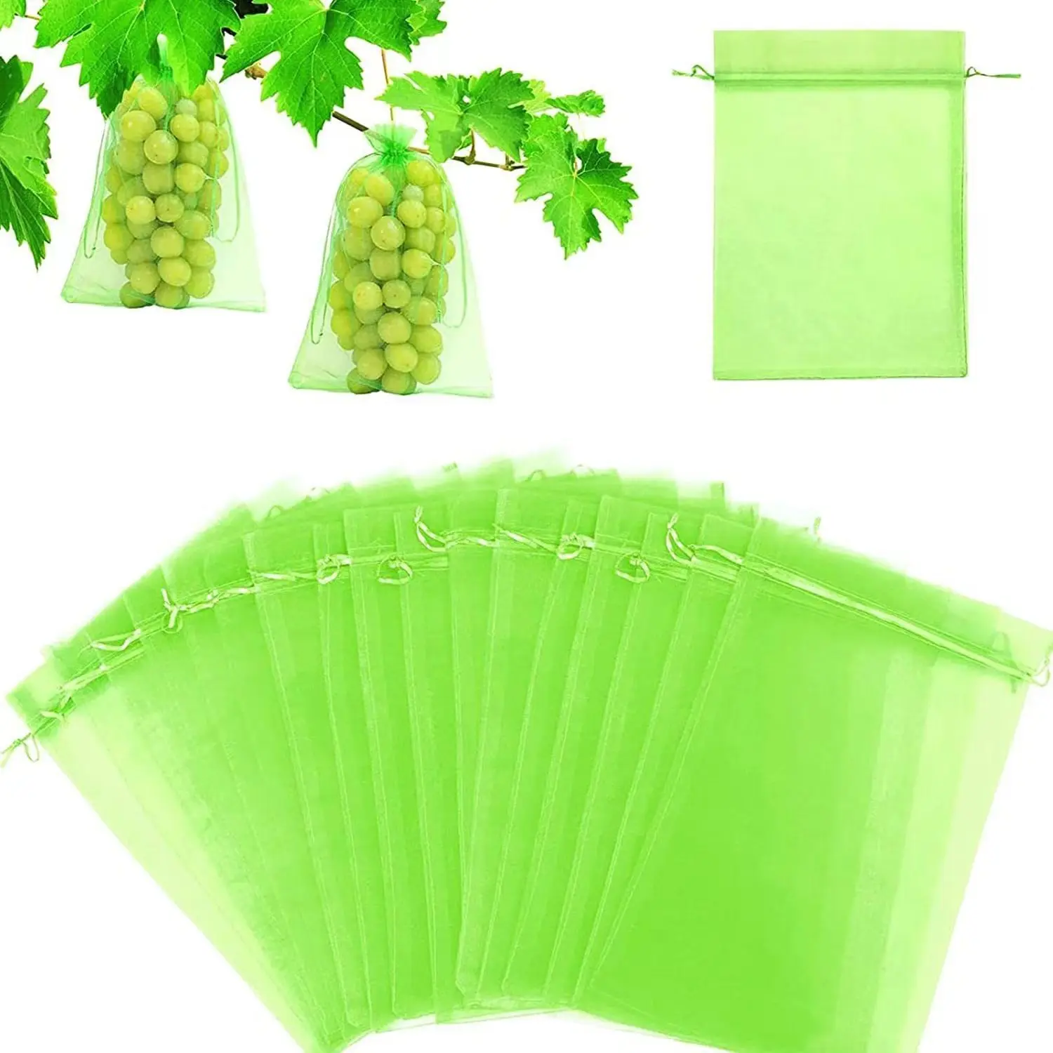 100pcs Fruit Protection Bags Green Netting Cover Bags Drawstring Mesh Fruit Protectors Pest Barrier for Mangoes Tomatoes Garden