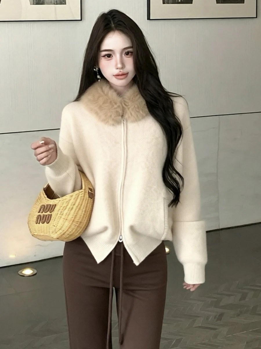 Detachable Fur Collar Warm Knitted Sweater Commute Versatile Loose Slimming Open Cardigan  Color Outerwear Top