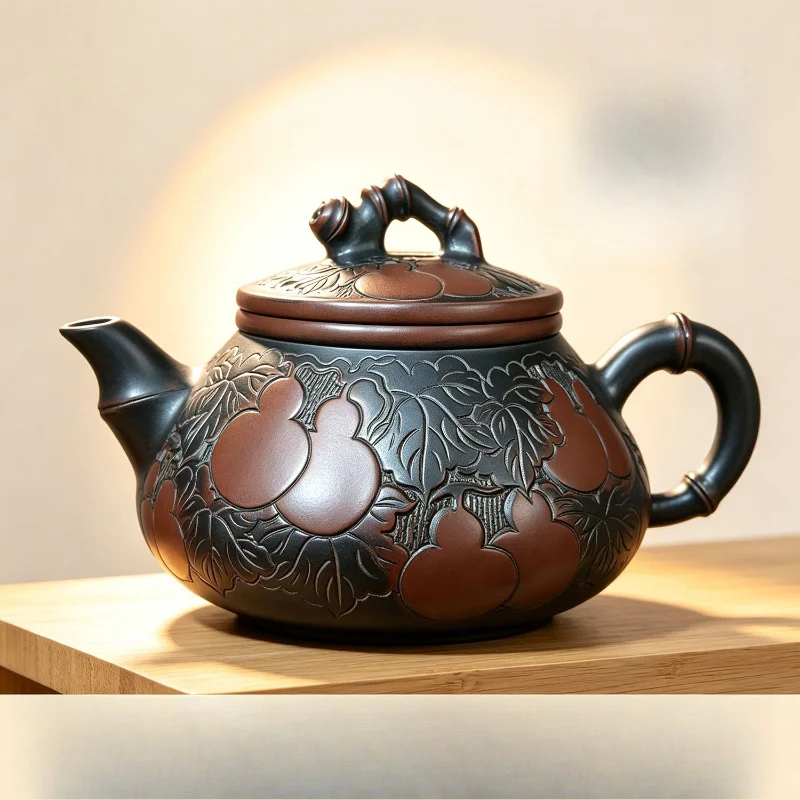 Qinzhou Nixing pottery teapot handmade relief gourd bamboo pot raw mineral mud kung fu teapot household tea set