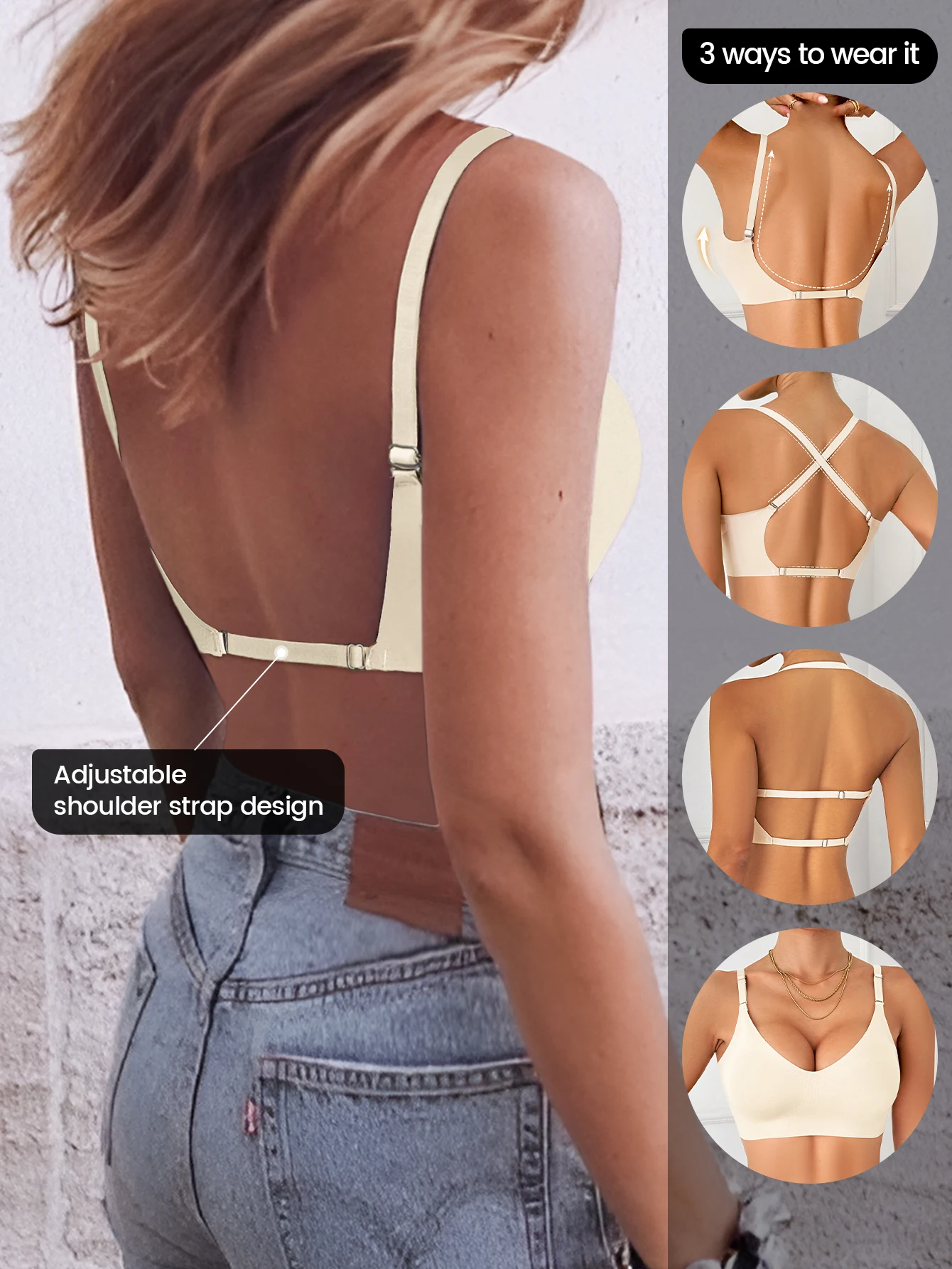 Unsichtbarer BH für Damen, tiefer U-Ausschnitt, rückenfreies Top für Kleider, sexy Dessous mit transparentem Träger, Push-Up, trägerlose Unterwäsche