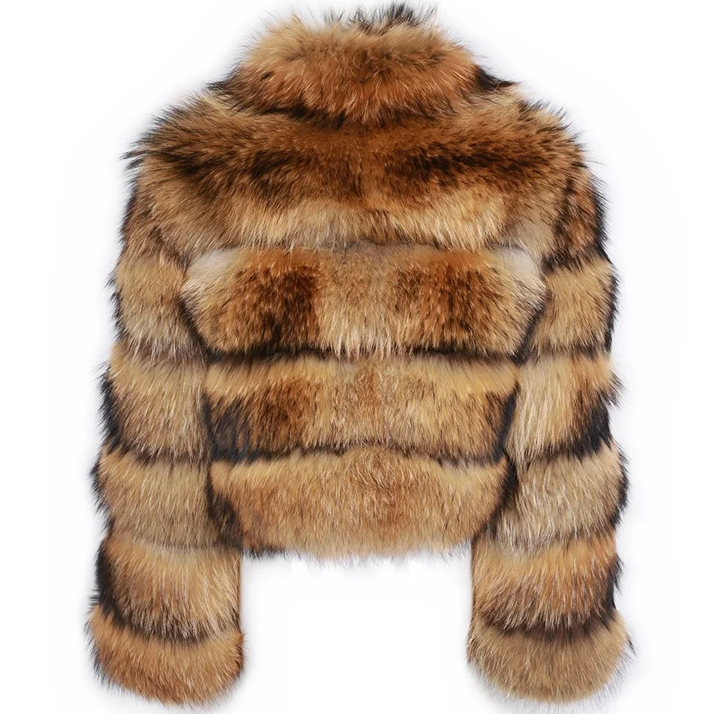 Wholesale Plus Size 2023 Autumn High Collar Natural Raccoon Fur Jacket Women Fashion Cropped Fur Jacket Ladies