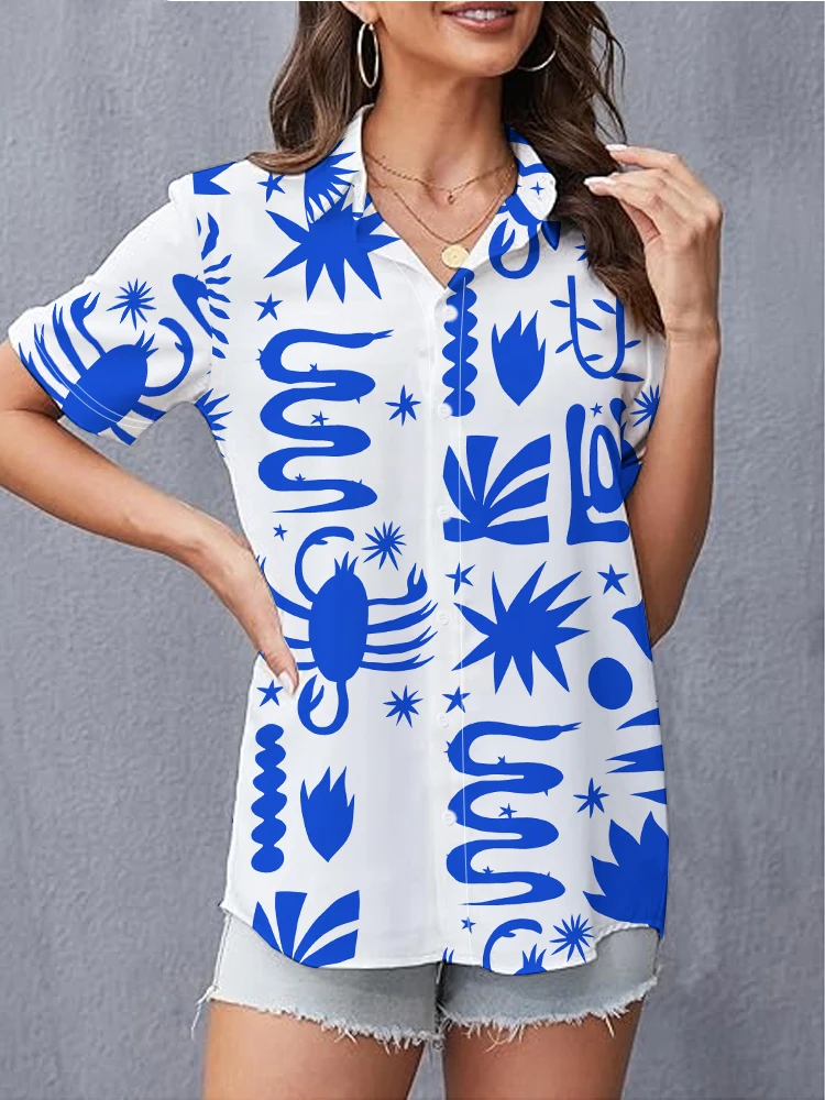 High Street Casual Women's Short Sleeve Shirt Summer Cozy Soft Oversize Shirt Cartoon Pattern 3d Digital Printing Hawaii Shirt