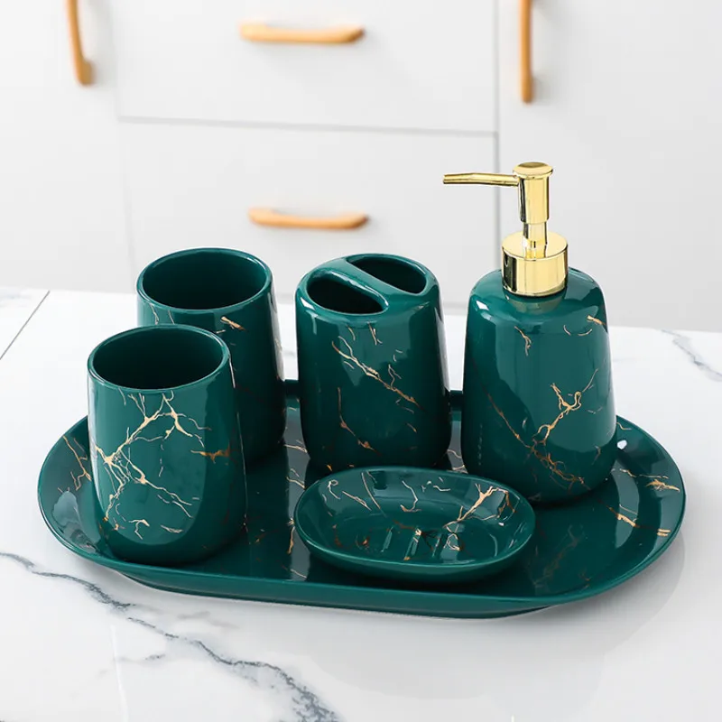 Imitation Marble Ceramic Wash Kit Soap Dispenser and Mouthwash Cup Set Five-piece Home Bathroom Accessories Wedding Gifts