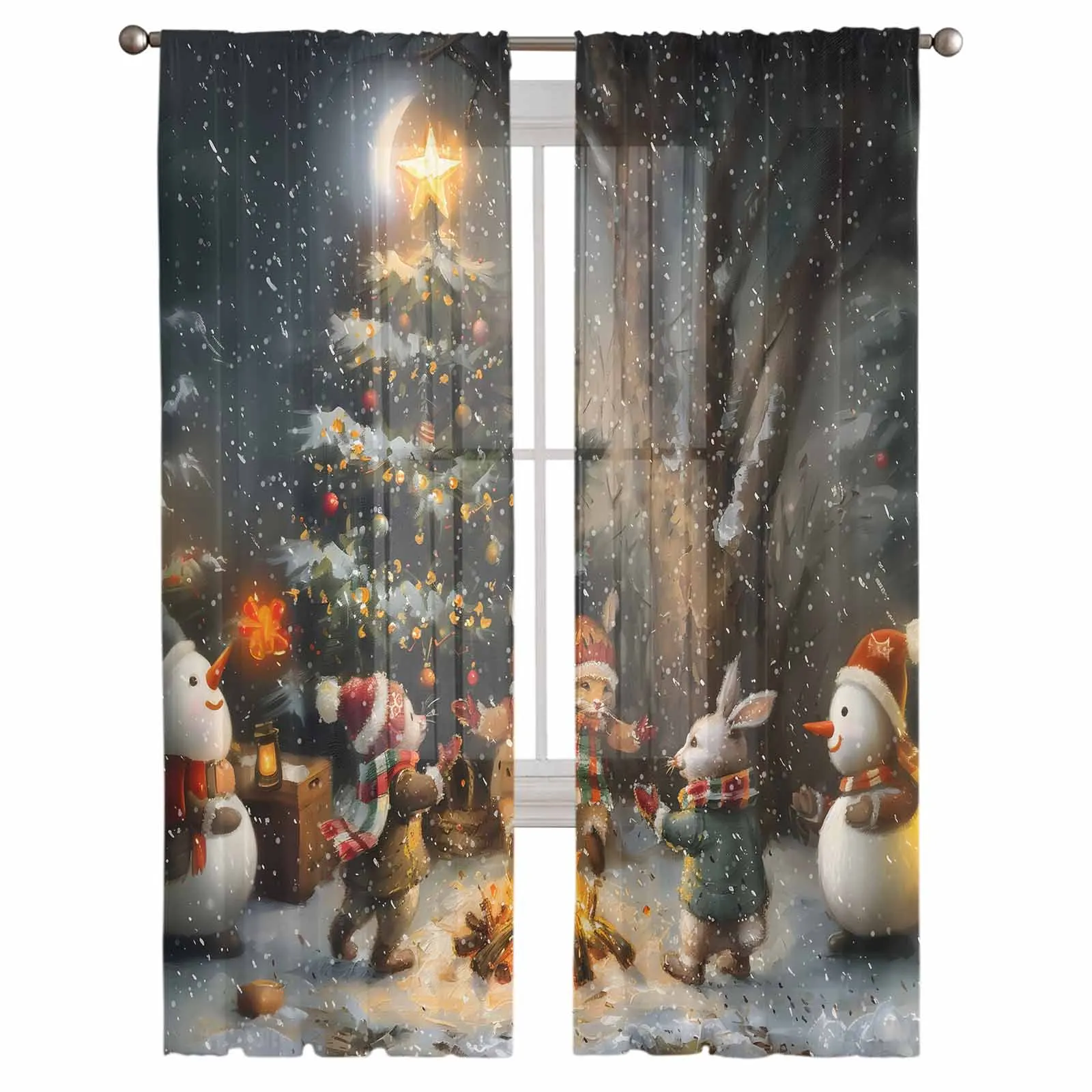 Christmas Tree Colorful Forest Moon Bonfire Animals Sheer Curtains Gauze Curtain for Living Room Bedroom Voile Yarn Curtains