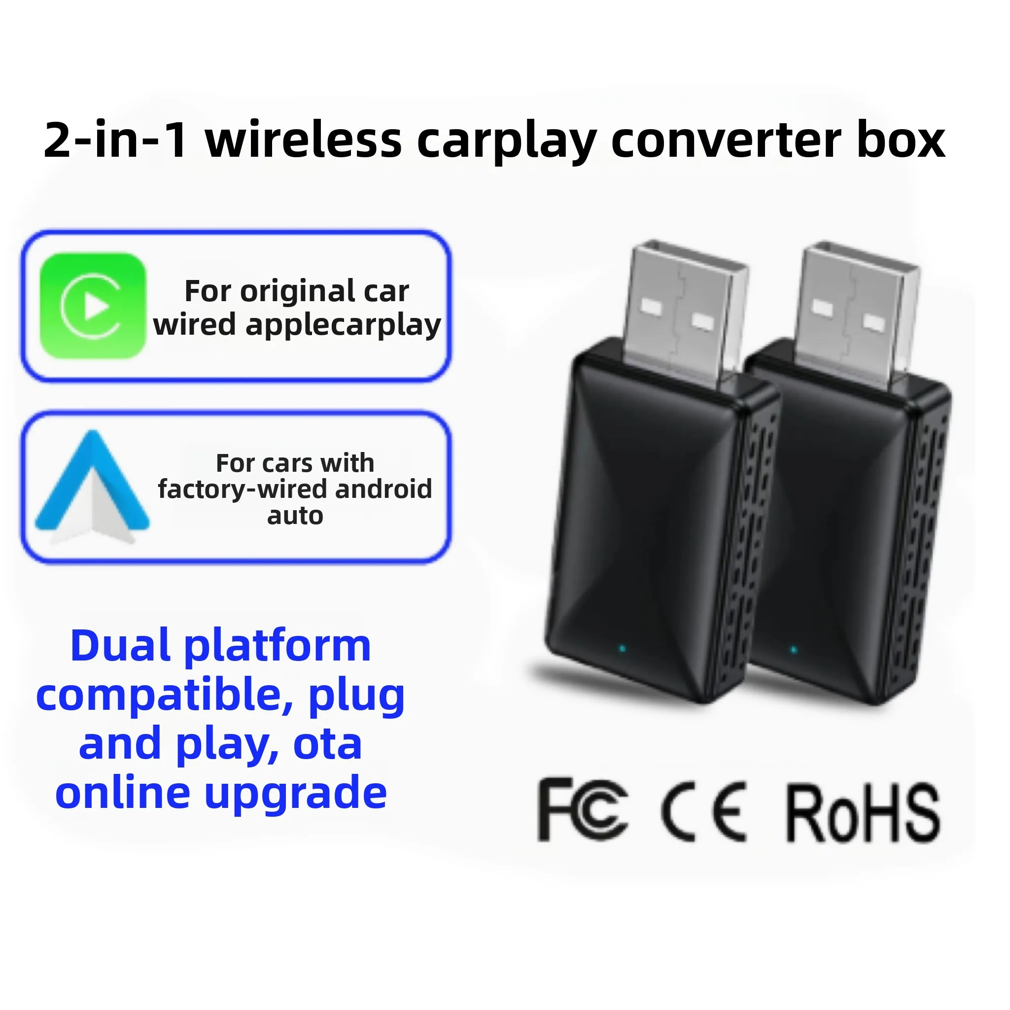 Portable Wireless Carplay Adapter Android Auto 2in1 Smart Box Plug & Play Intelligent Systems For VW Toyota Ford Benz and other
