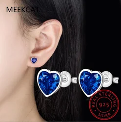 Real 925 Sterling Silver Blue Sapphire Earring Fashion Romantic Heart CZ Stud Earring For Daughter Girl Fine S925 Jewelry DE0038