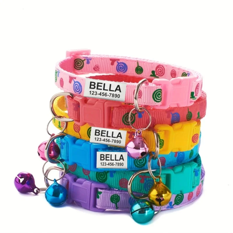 Anti-lost Engraved Cat Collar With Bell Lollipop Print Customize Name Id Tag Personalized Pet Products Accessory