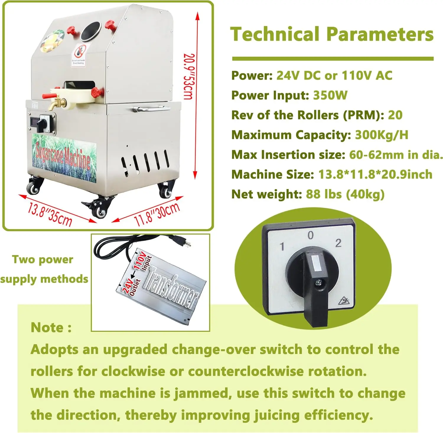 عصارة قصب السكر الكهربائية 24 فولت تيار مستمر/110 فولت تيار متردد، عصارة عصير من الفولاذ المقاوم للصدأ ذات 3 أسطوانات، آلة استخراج قصب السكر للمنزل