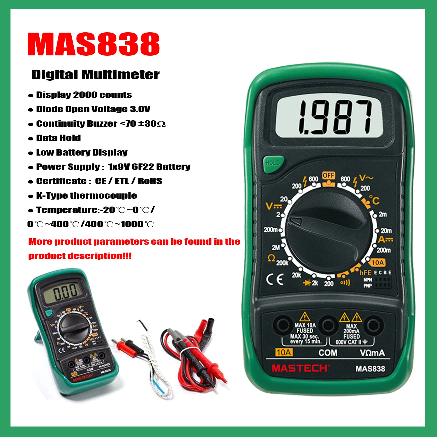 MASTECH MAS830B MAS830L MAS838 Multímetro digital Pantalla de 2000 recuentos; Zumbador de continuidad Menos de 70 ± 30Ω Pantalla de batería baja.