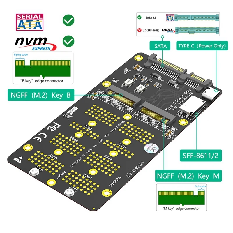 M.2คอมโบ2-in-1 (NGFF) NVMe SSD/SATA-Bus SSD เป็น SFF-8611/8612และอะแดปเตอร์ SATA