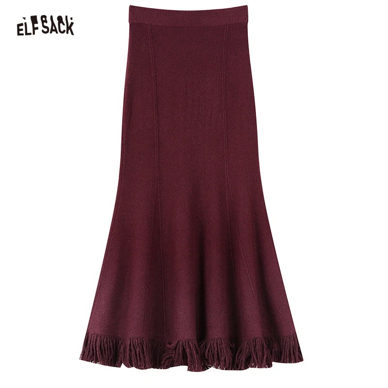 ELFSACK High Waist Tassels Fishtail Skirt Women 2023 Winter New Party Dress For Women