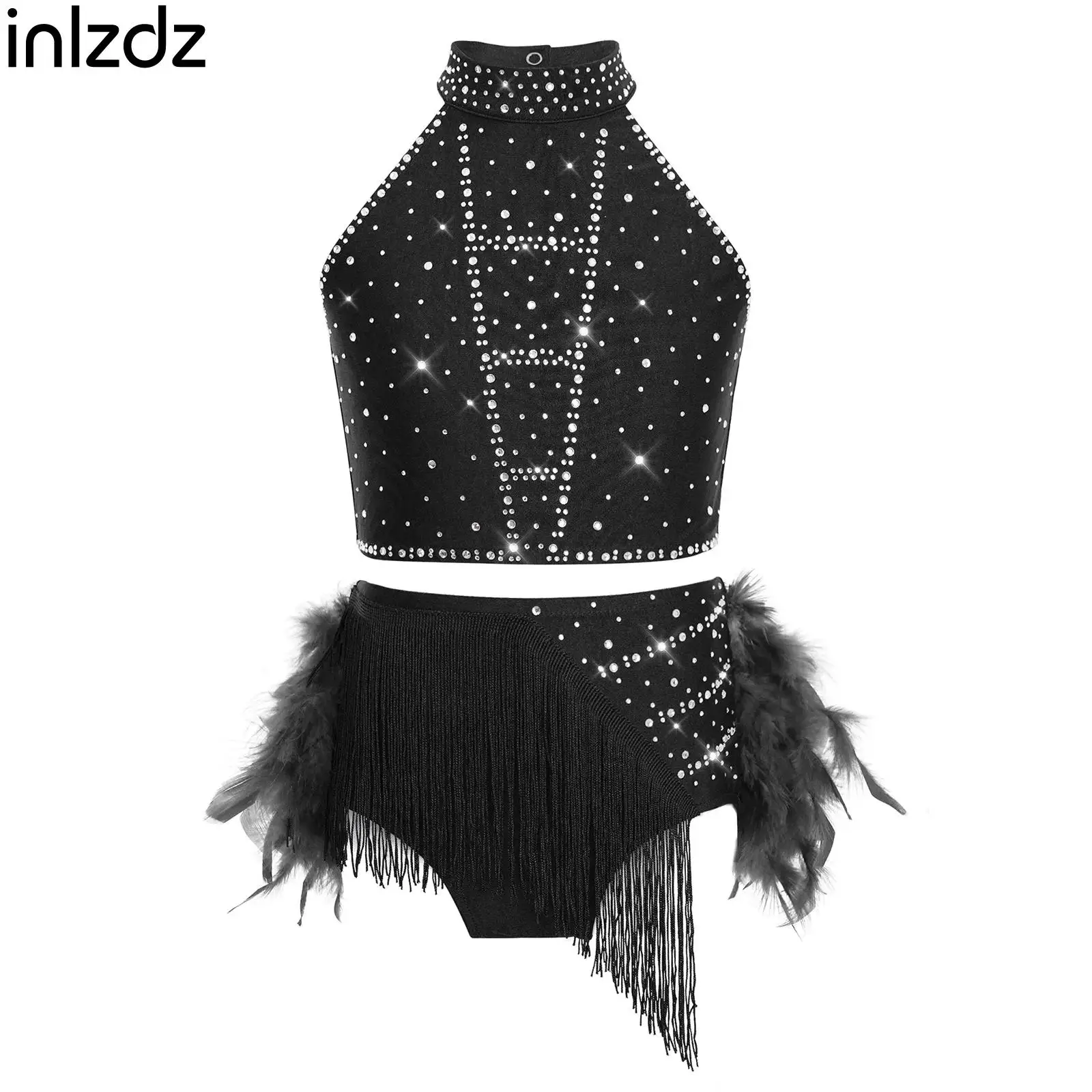 

Teen Girls Gymnastics Ballet Jersey Latin Dance Samba Rumba Chacha Performance Outfit Tassels Feather Skirts Tops Skating Outfit