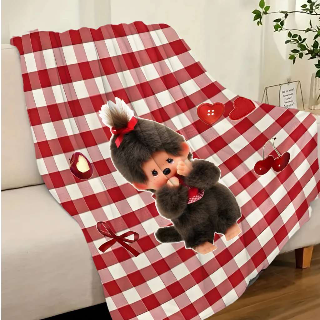 M-Monchhichi-I Flannel Blanket Red Plaid Check Throw Blanket Cute Cartoon Doll Cherry Apple Print Soft Warm Bed Sofa Blanket