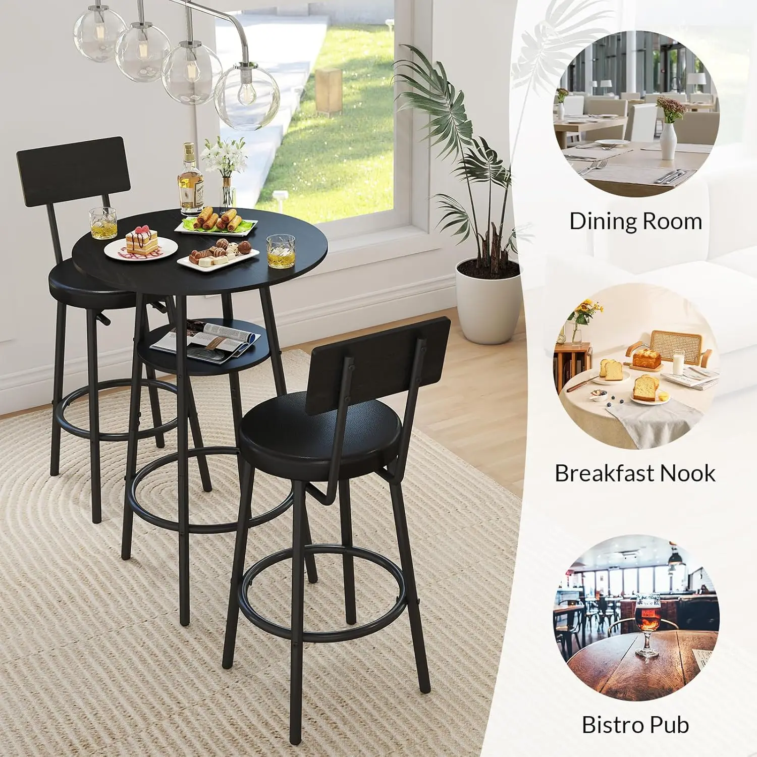 3-Piece Round Bar Table Set with Storage, Black Kitchen Dining Table for Two and Cushioned Stools