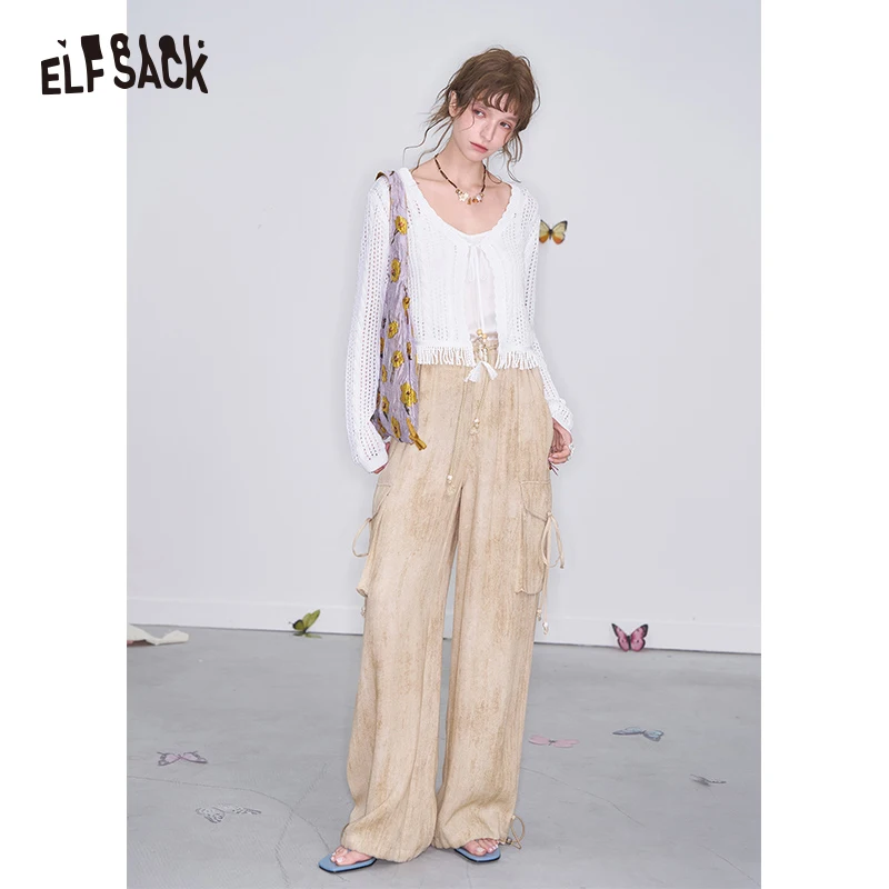 ELFSACK 2025 Spring New Arrivals Y2K Soft Loose Straight Pants Women Casual Elastic Waist Wide Leg Pants