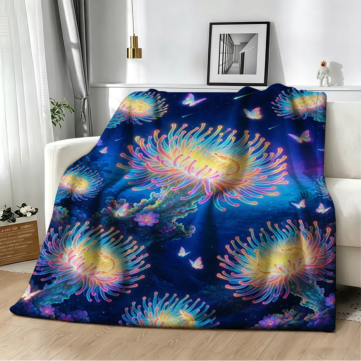 Neon Anemone Shrimp Halo Flannel Blanket Warm Soft Halloween Christmas Decorative Couch Warm Cozy All-Season Gift