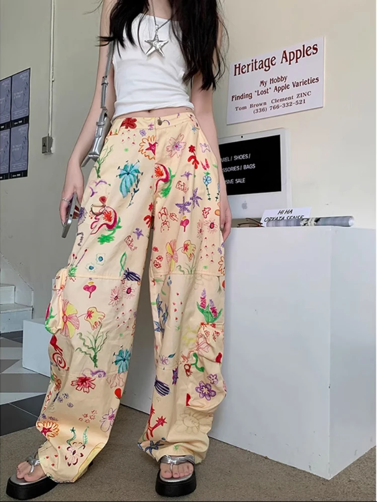 

HOUZHOU Streetwear Kawaii Cargo Pants Women Hip Hop Graffiti Print Harajuku Wide Leg Pants Casual Loose Y2k Trousers Summer