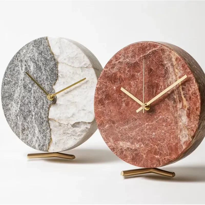 Luxury Natural Stone Marble Table Clock with Elegant Brass Stand Modern Home Decor Desktop Timepiece for Living Room Office