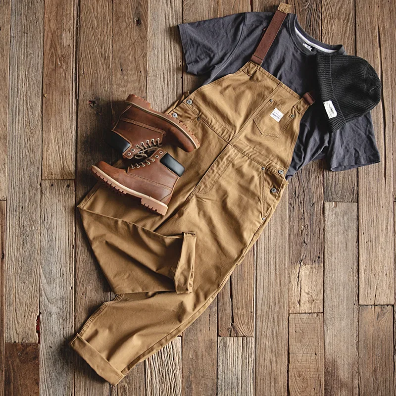 Japanese Vintage Khaki Suspenders Bibs Spring Autumn Canvas Cargo Pants Streetwear Men Rompers Full Length Trousers Jumpsuits