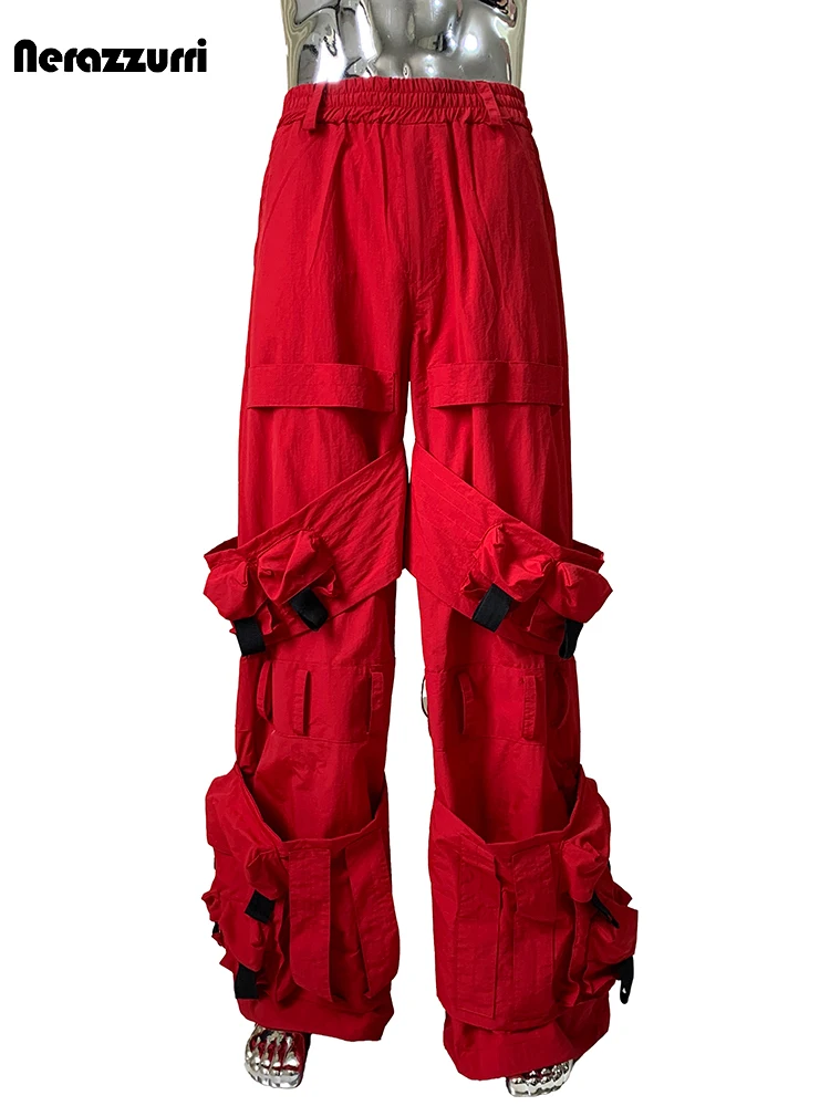 

Nerazzurri Autumn Long Red Waterproof Nylon Cargo Techwear Pants Cyberpunk for Men with Many Pockets Luxury Menswear Clothing