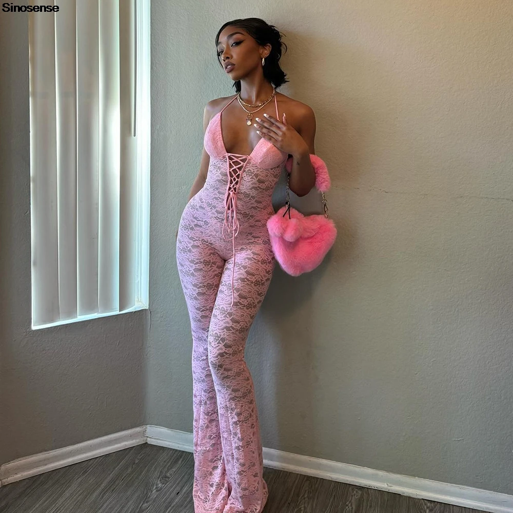 

Women's Lace Jumpsuits Sexy Sheer See Through V Neck Drawstring Backless Flare Pants Rompers One Piece Night Club Party Outfits