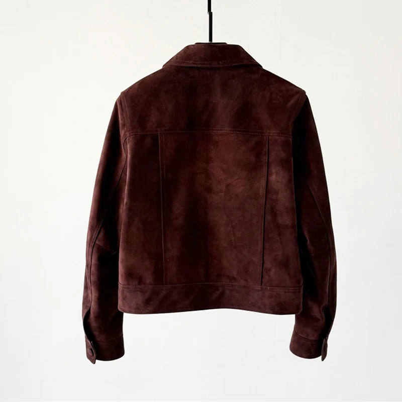 Giacca da donna in vera pelle di capra importata Giacca casual corta in pelle scamosciata monopetto femminile retrò marrone/caffè Cappotti di pelle di pecora Top