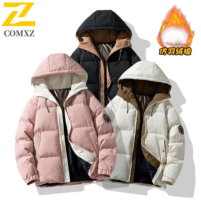 COMXZ 2025 New Autumn Winter Men Cotton Coat Casual Padded Jacket Quilted Parka Hooded Couple Outerwear lightweight windbreaker