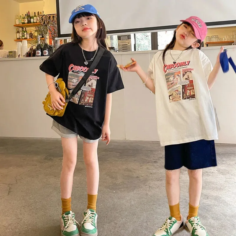 Camiseta holgada de algodón para niños y niñas, camiseta de manga corta de cómics de cuatro marcos, prendas de vestir exteriores para niños de 1 a