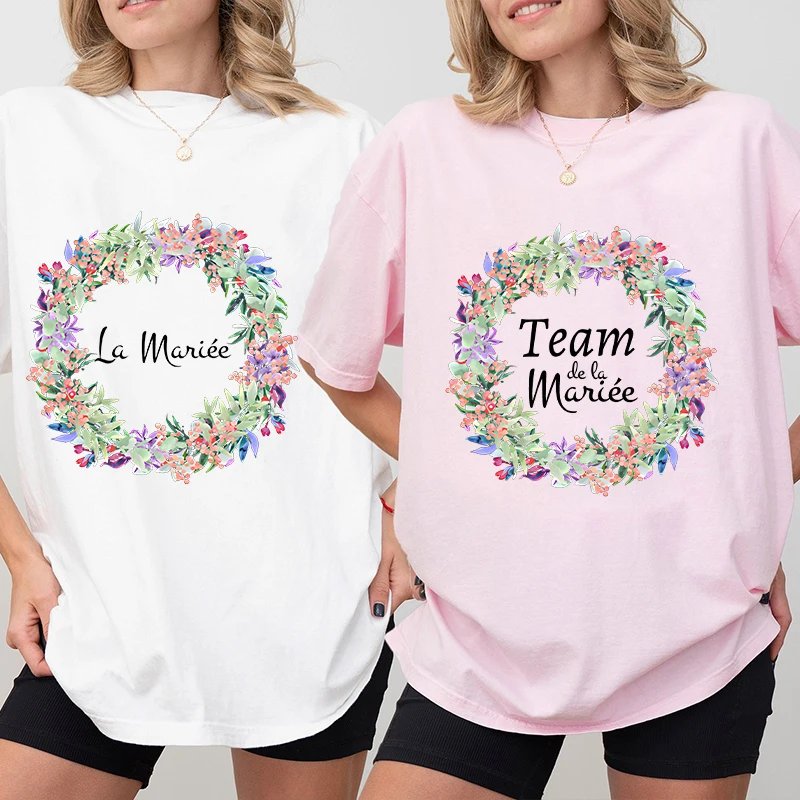 Team Bride Tshirt French Bachelorette Hen Party T-Shirts Tees Short Sleeve Clothing Bridesmaid Flower Crown Bridal Wedding Tops