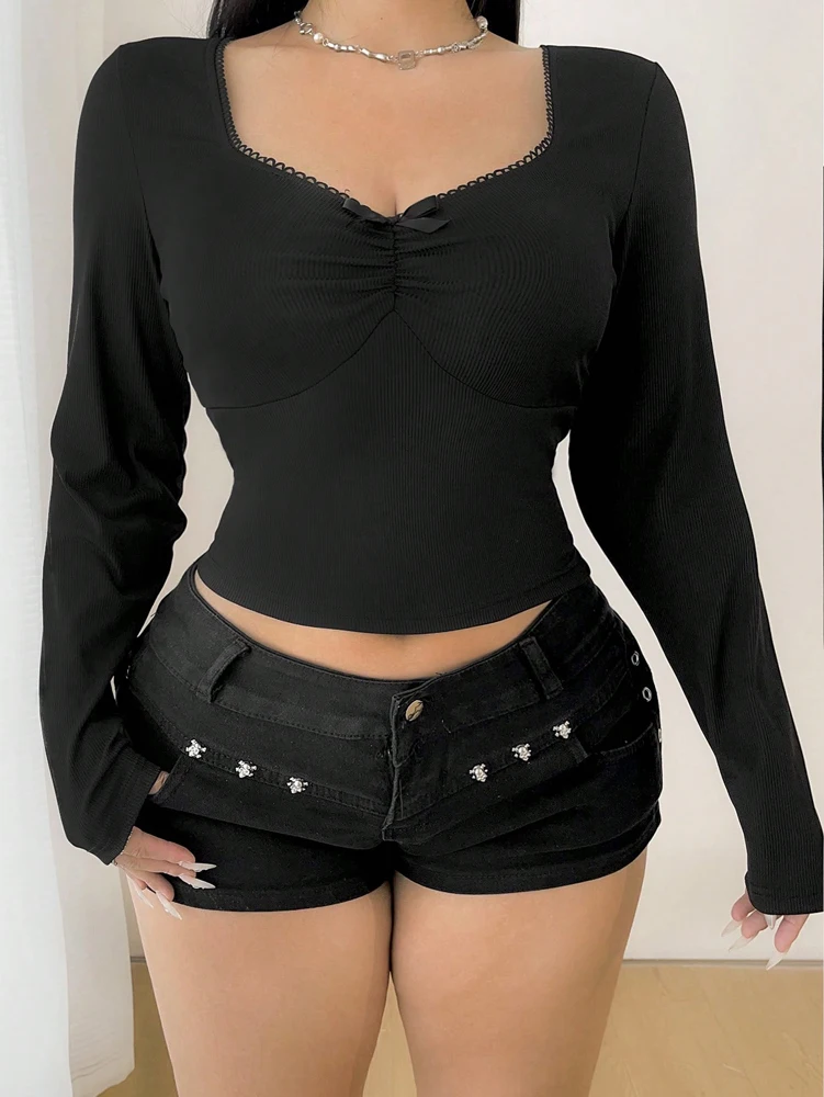 Grande taille femmes printemps et automne décontracté couleur unie dentelle T-Shirt à manches longues, noir à manches longues hauts Polyester