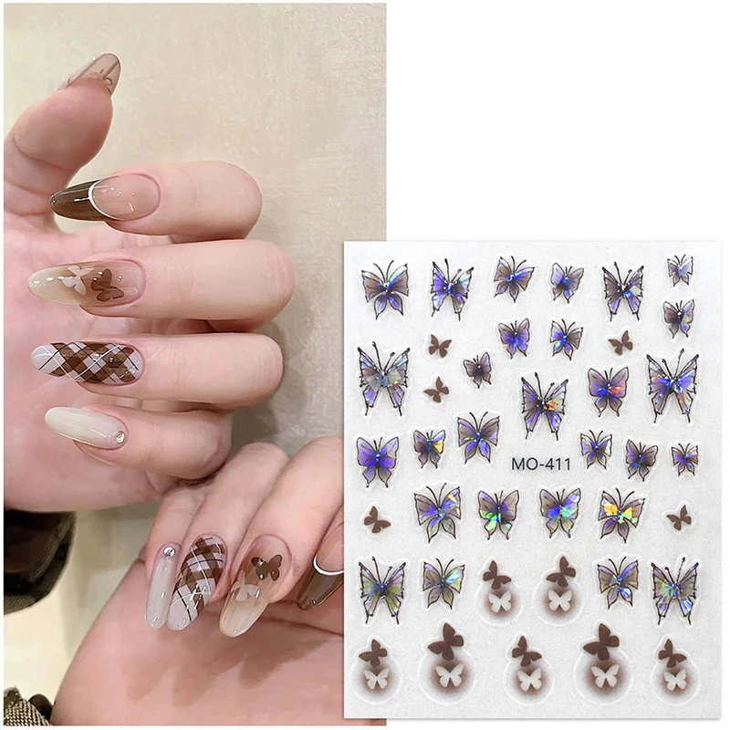 Embossed Nail Stickers Semi Transparent Laser Glass Butterfly Nail Sticker Nail Decoration DIY Materials