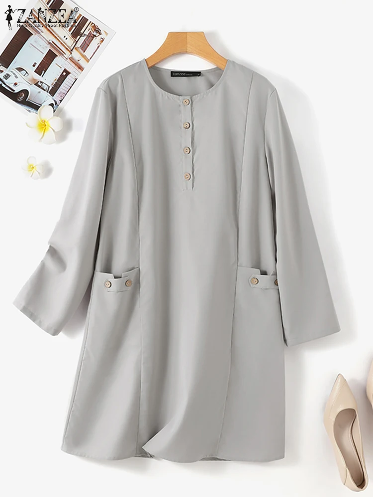 ZANZEA-Chemise musulmane Eid Mubarek pour femme, col rond, tunique à manches longues, chemise de soirée élégante, vêtements islamiques, mode