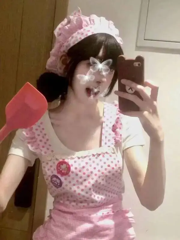 コススイートリトルシェフメイドキュートガールレース水玉模様タイなしセクシー女性用ドレスエレガントスイートミニドレスピンクファッションBCM8