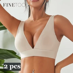 FINETOO 2pcs Deep V Seamless Bras Push Up Padded Underwear for Women Sexy Wireless Brassieres Ladies Solid Tops Crotch Lingerie