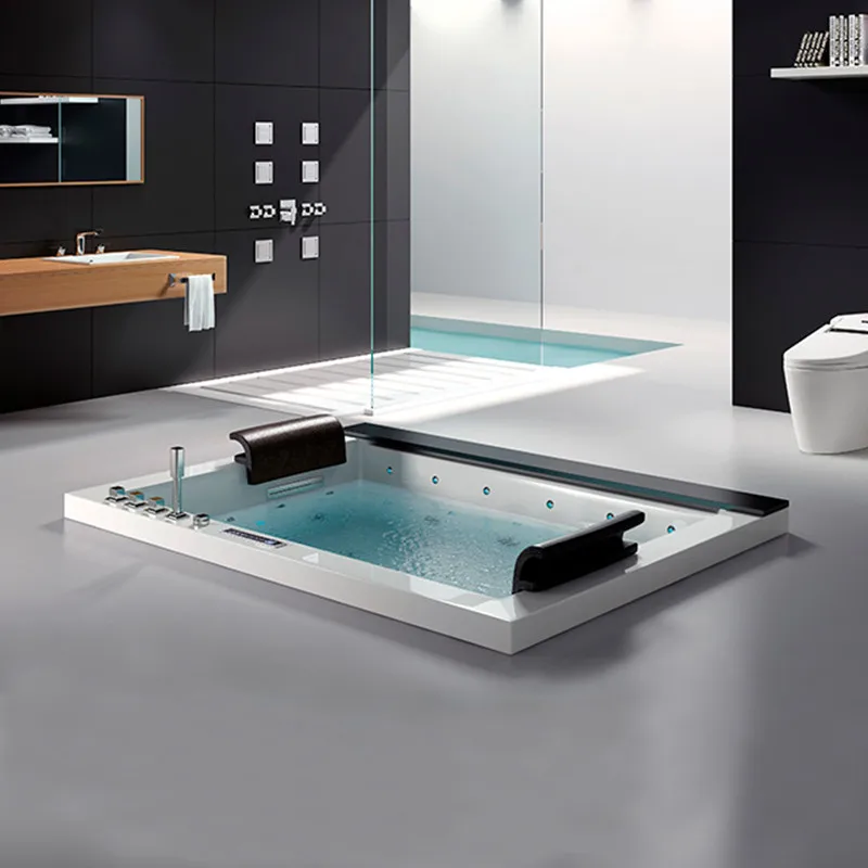 Modern And Minimalist Black And White Rectangular Spa Pool Massage Whirlpool Twin Bathtub With Embedded 1.9 Meter Hotel Villa