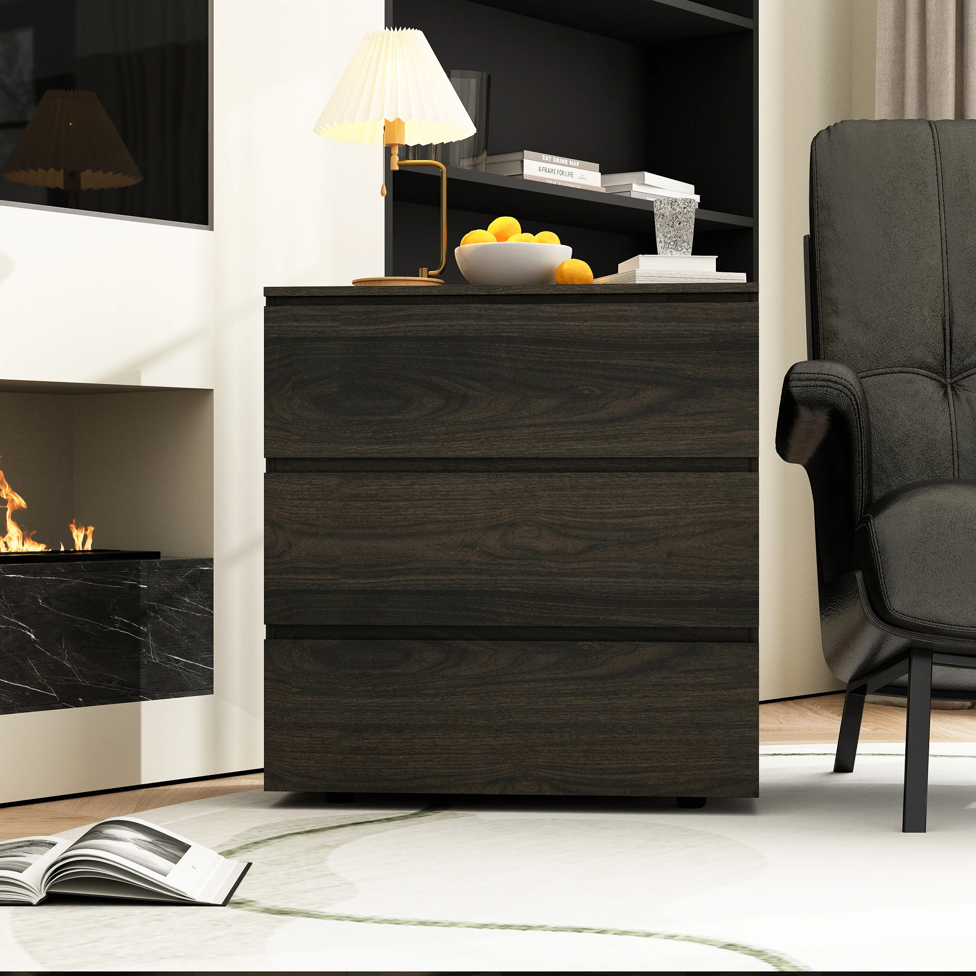 

FUFU&GAGA Modern Nightstand With 3 Drawers, Wooden Dresser Storage Cabinet For Bedroom, Living Room, Hallway, Deep Brown