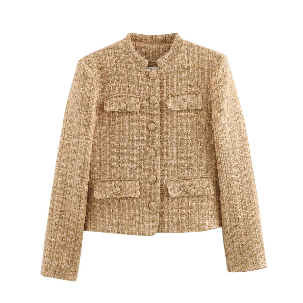

Jacket with Pockets for Summer for a Stylish and Elegant Look Women's Long - sleeved Round - neck Button - front Tweed