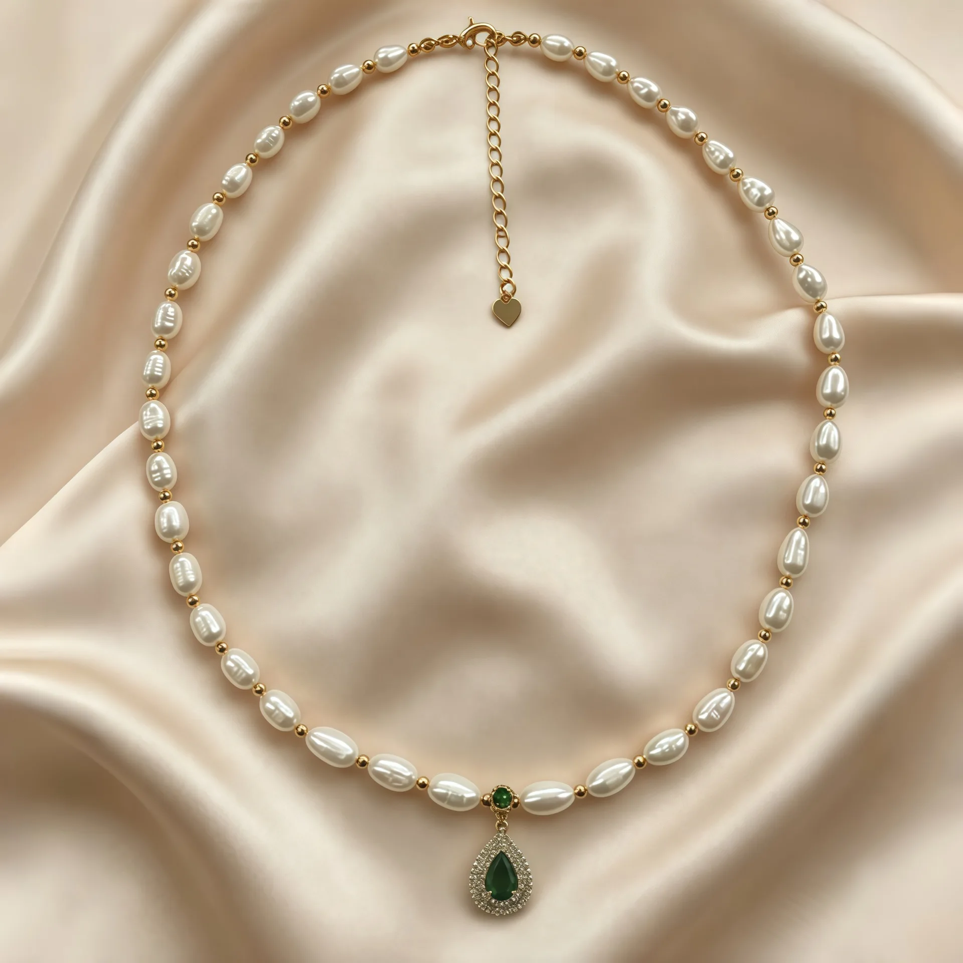 100 % natürliche Süßwasserperle und Wassertropfen-Smaragdstein, 14 Karat vergoldeter Damen-Anhänger, Halskette, Originalschmuck, Geburtstagsgeschenk – Detail 3