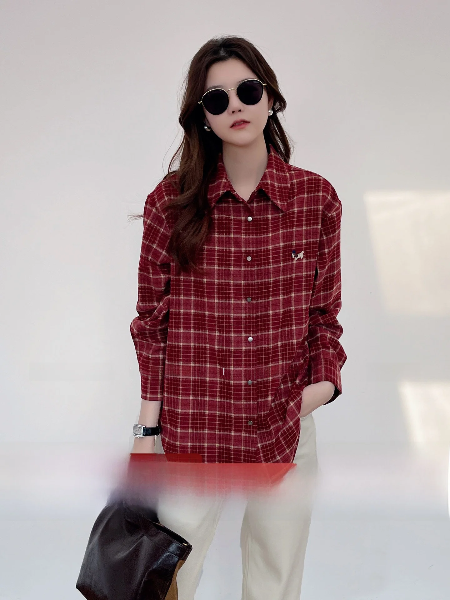 

Korean Fashion Heavy Embroidery Long Sleeve Shirt Women's Turn-down Collar Red Plaid Winter Top Frayed Cotton Blend