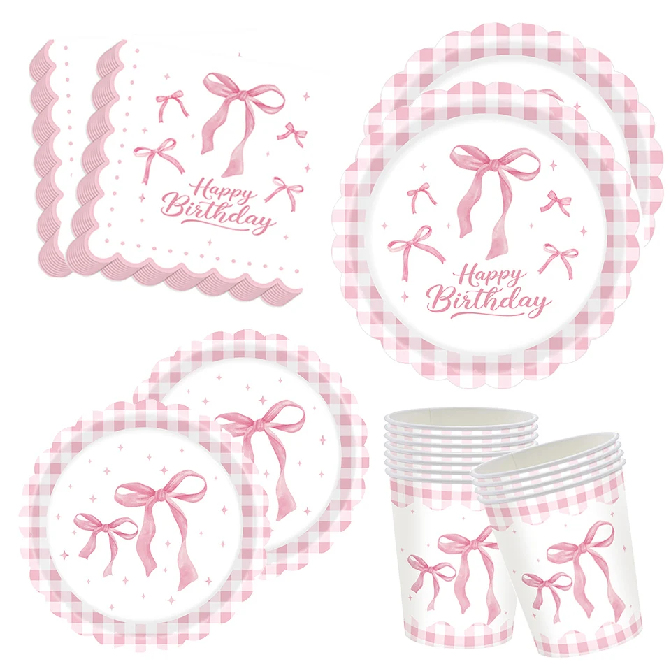 Bow Tableware Girls Birthday Party Paper Plates Napkins Cups Decorations Balloons Baby Shower Pink Bow Themed Parties Supplies