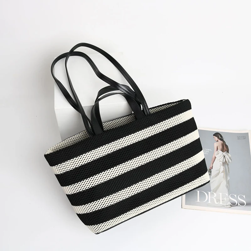 2024 Summer New Women Bag Plaitted Beach Totes Lady Black White Stripe Handbag Female Denim Striped Woven Shopping Shoulder Bag