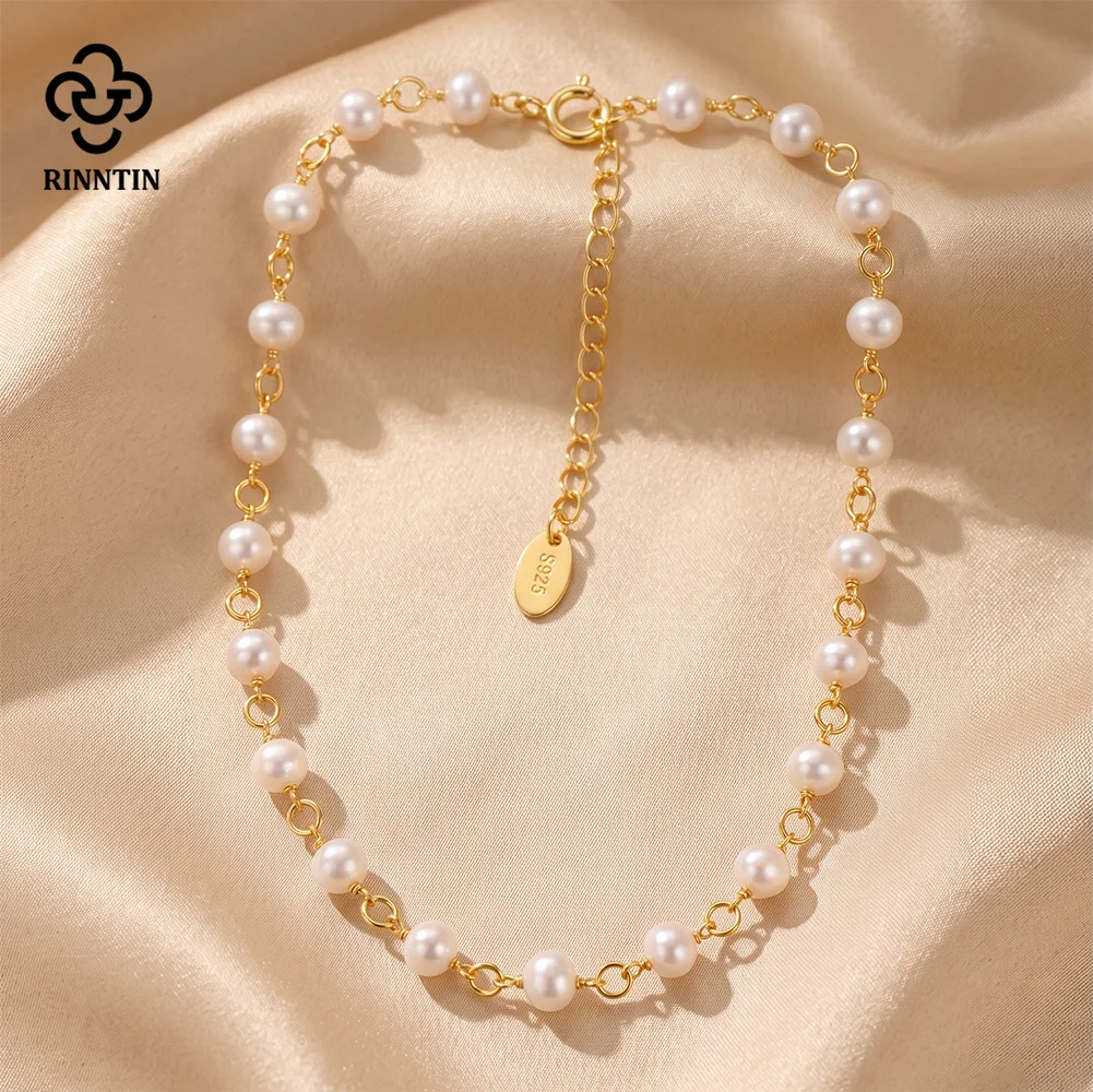 Rinntin Gold Plated 925 Sterling Silver Natural Pearls Chain Necklace for Women Classic Party Wedding Jewelry Gift GPN113