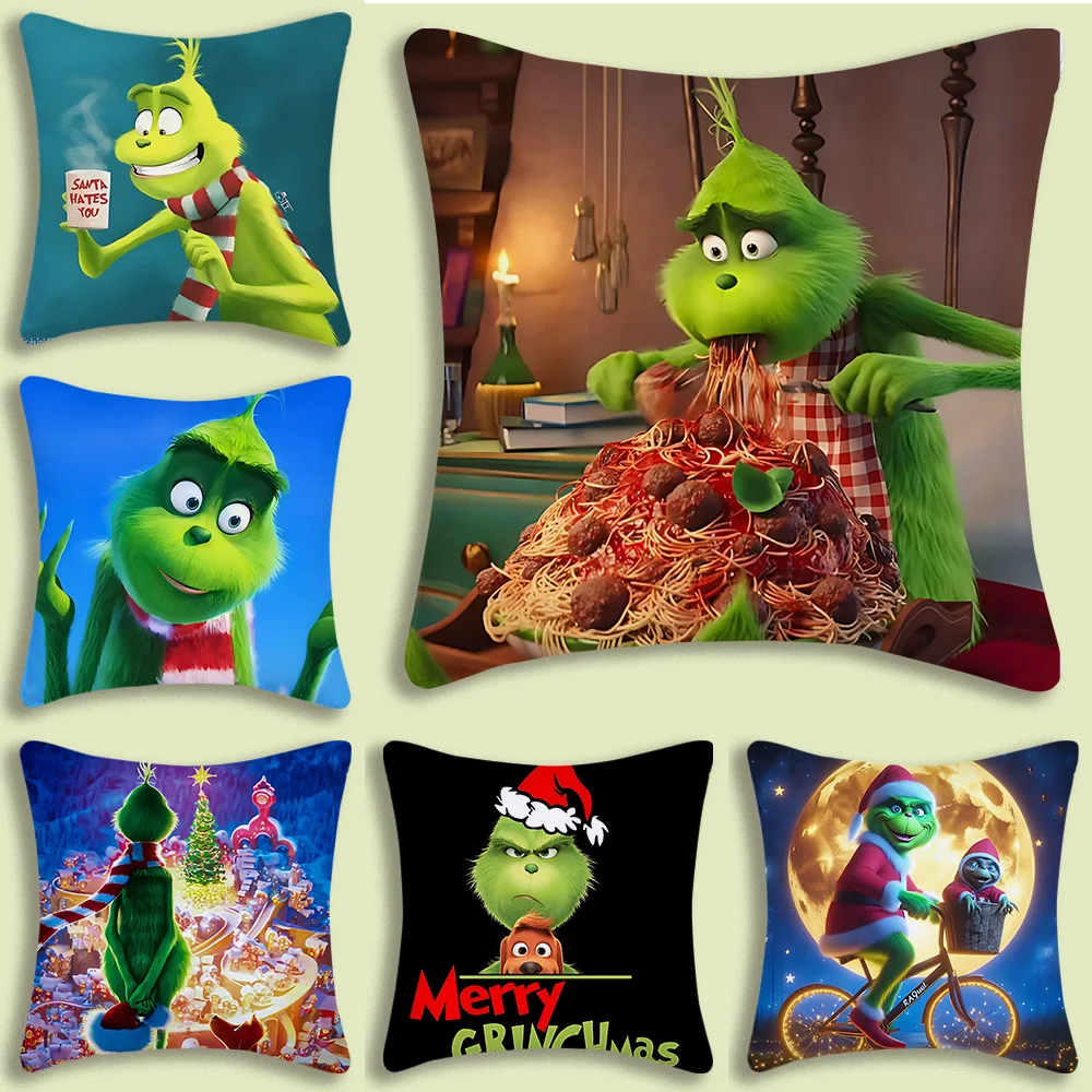 Fundas de almohada de dibujos animados G-Grinch, funda de cojín decorativa para el hogar con estampado de doble cara, funda de cojín bonita de felpa corta