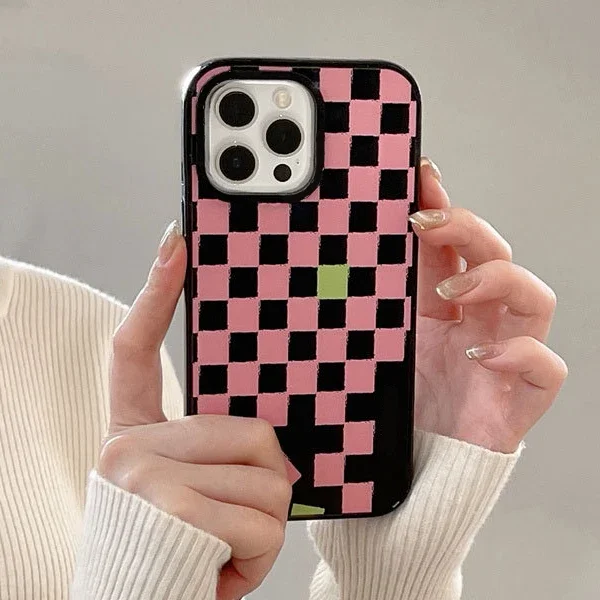 

2.0 Acrylic Pink Black Plaid Phone Case Cover for IPhone 11 12 13 14 15 Pro Max Case for IPhone 14 Pro Max